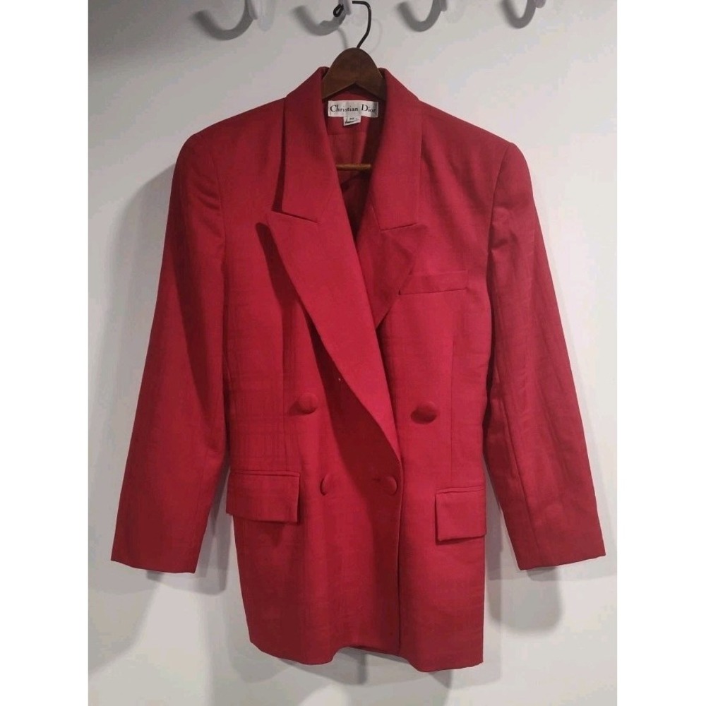 Christian Dior Vintage Red Plaid Jacquard Double Breasted Blazer Jacket Women 10